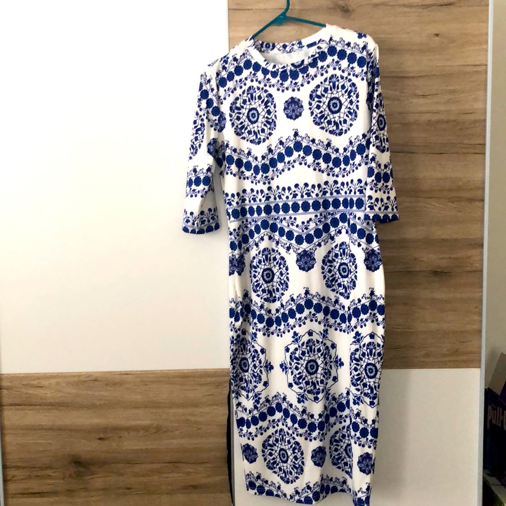 Long blue and white dress
